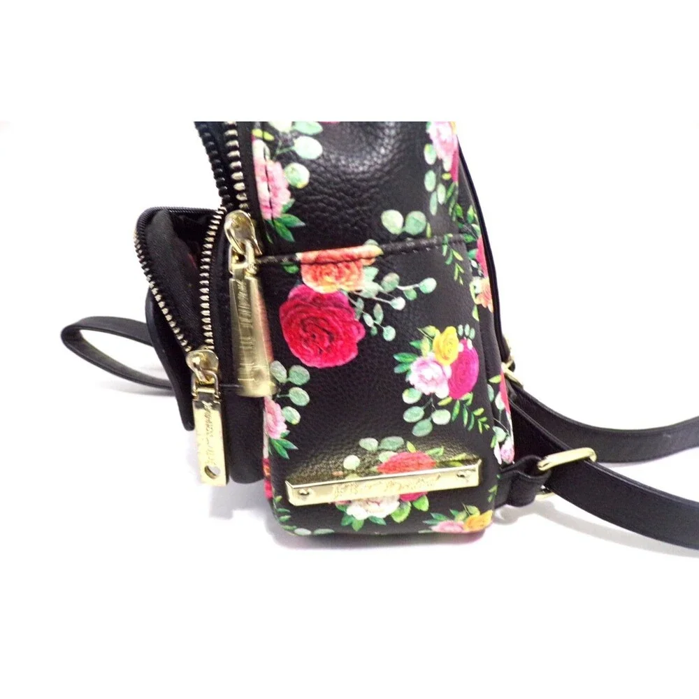 Betsey Johnson Girls Dog Face Mini Backpack Purse Black w/Roses Gold Heart Acct